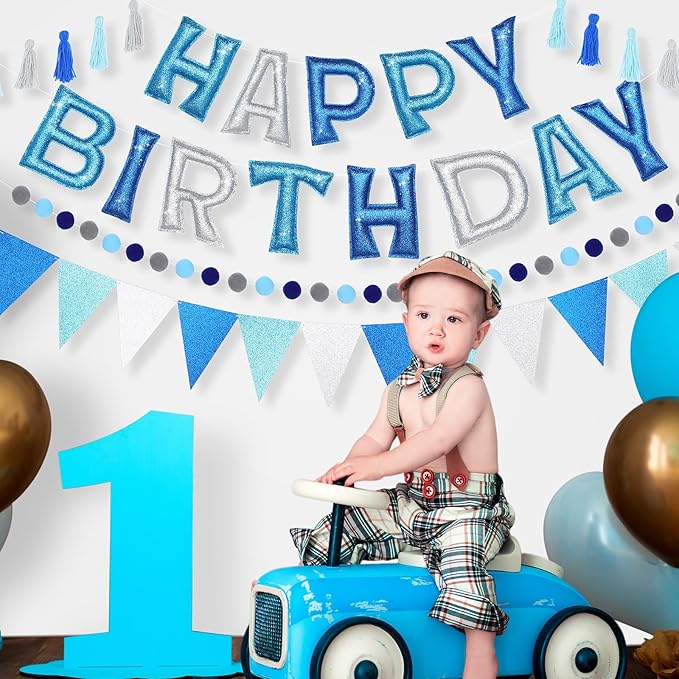 Mindsoft 5 Pcs Pre-Strung Blue and Silver Happy Birthday Banner Set, Felt Glitter Happy Birthday Garland with Ball Garland, Pennant Flags and Tassels, Birthdays Party Decorations for Kids and Adults