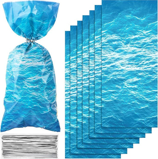Pajean 100 Pieces Ocean Waves Cellophane Treat Bags Under the Sea Blue Ocean Party Goodie Candy Bag with 100 Twist Ties for Beach Pool Birthday Summer Mermaid Party Decoration Baby Shower Supplies