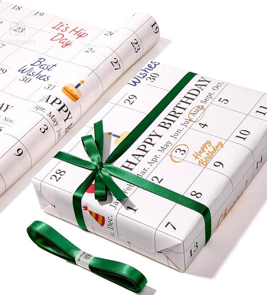 Vitalizart Write-On Calendar Birthday Wrapping Paper Set 17" With 5-Yard Satin Ribbon Recyclable Customizable Gift Wrap For Birthday Party Baby Shower Handmade Crafts