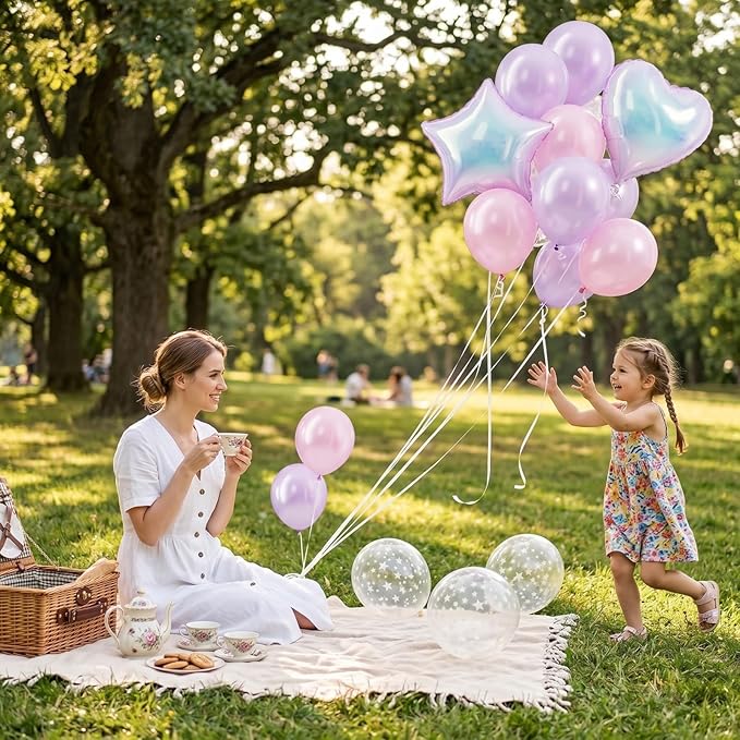 Pink and Purple Balloons, Pastel Pale Pink Light Purple Lilac Transparent Star Latex Balloon With Iridescent Heart Lavender Star Foil Balloons for Kpop Birthday Party Baby Shower Princess Decorations