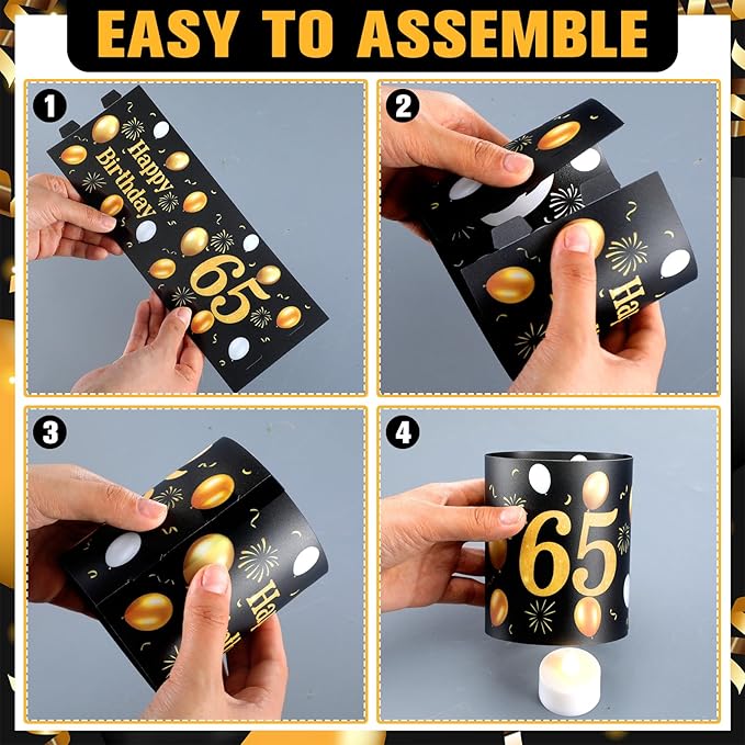 10 Sets 65th Happy Birthday Centerpieces for Table Black and Gold Birthday Decorations Lantern Boxes with Tea Lights Candles Centerpieces for Men Women 65th Party Supplies