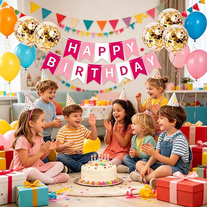 Happy Birthday Banner Sign Bunting Hanging Decorations with Shiny Gold Balloons Birthday Party Sign Decor for Party Supplies(Pink+White)
