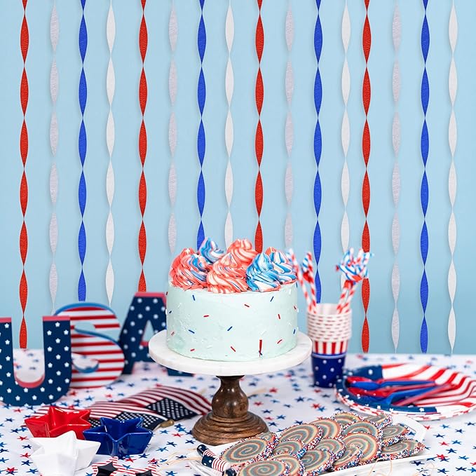 Crepe Paper Streamers 8 Rolls 656ft, Red White Blue Silver Streamer Tassels Patriotic Decorations for Memorial Day Fourth of July Independence Day American Theme Party