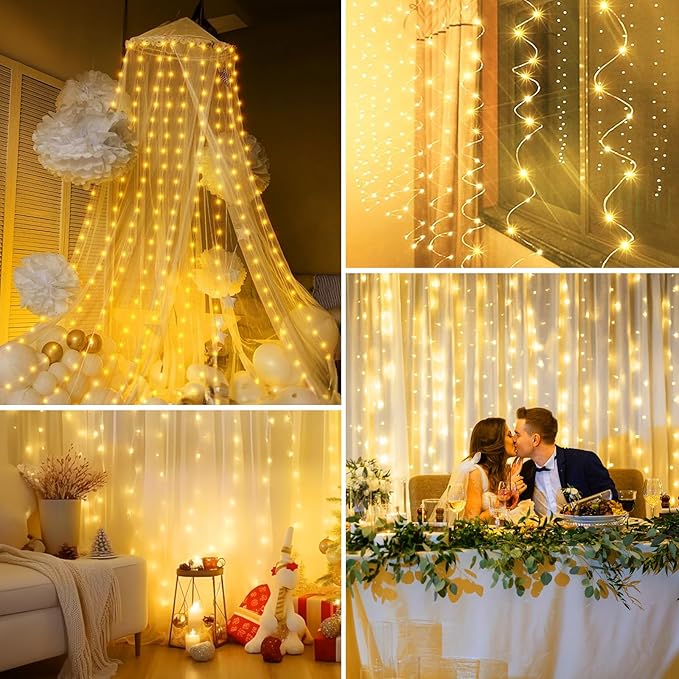Minetom Curtain Lights, 300 LED Dimmable Fairy Lights with Remote and Timer, 8 Modes, USB Powered String Lights for Room Wall Party Xmas Indoor Decor, Warm White, 2 Pack