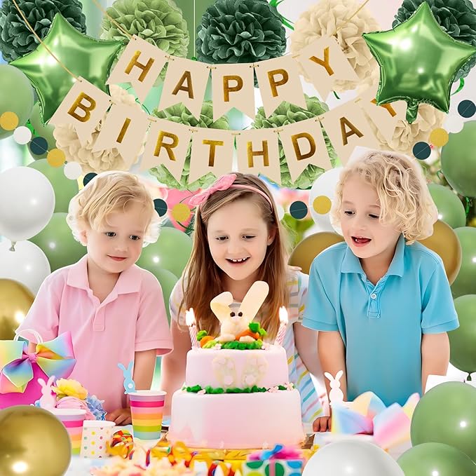 Retro Green Birthday Party Decorations for Women Girls, Happy Birthday Banner with Tissue Paper Pompoms, Paper Tassel, Circle Garland, Hanging Swirl, Party Balloons for Party Decorations