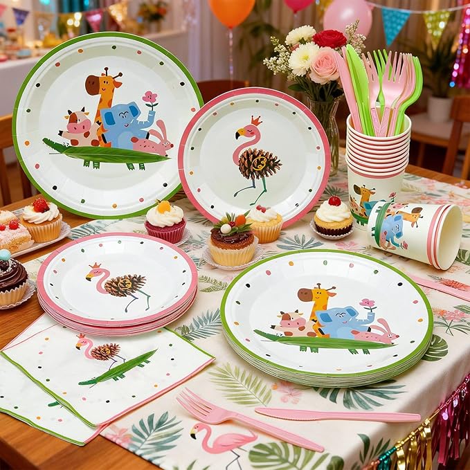 144Pcs Flamingo Animals Birthday Party Supplies Decorations Animal Themed Paper Plates Napkins Vintage Party Tableware Disposable Dinnerware for Girl Kid Birthday Baby Shower Table Decor, Serve 24