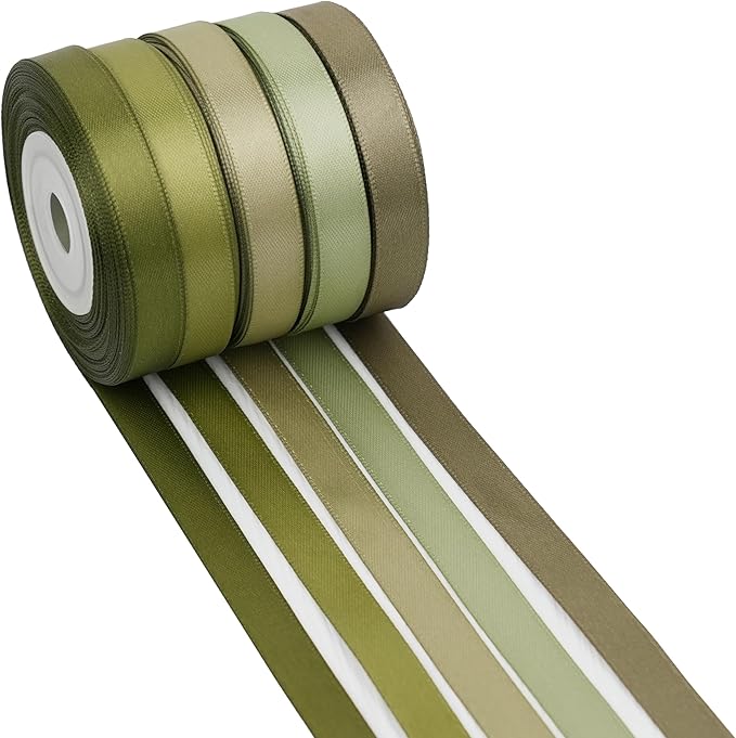 Sage Green Ribbon 3/8 Inch Double Face Satin Ribbon, 5 Rolls 50 Yards Moss Green Ribbon for Wedding, Baby Shower, Gift Wrapping, Hair Bows, Corsages, Invitations, Crafts