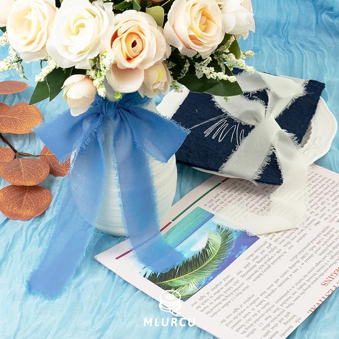 Blue Chiffon Ribbon 1.5 Inch x 21Yds Handmade Fringe Chiffon Silk Ribbon Blue & Cream Frayed Chiffon Ribbon for Baby Shower Wedding Invitation Flower Bouquets Gift Wrapping