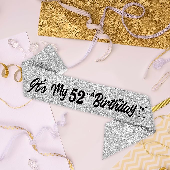 It's My 52nd Birthday Sliver Sash - Sparkling Happy 52nd Satin Sash for Women - 52 Years Old Birthday Party Decorations