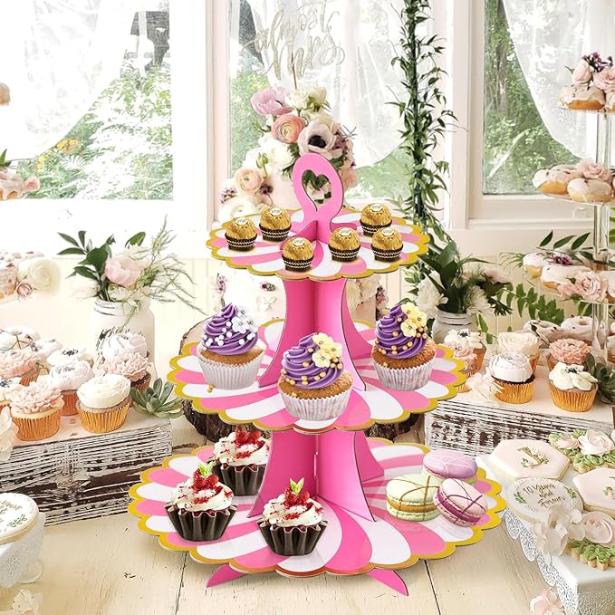 Soleebee 3-Tier Cupcake Stand, Cardboard Cupcake Tower, Dessert Cup Cake Stand Tower for Birthday Wedding Party Decoration, Cupcake Tier Stand 2 Set (Hot Pink Gold)