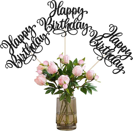 12 PCS Happy Birthday Centerpieces Sticks Double Sided Glitter Birthday Party Decorations Anniversary Table Flower Centerpiece for Celebrating Birthday Party Centerpieces Supplies Black