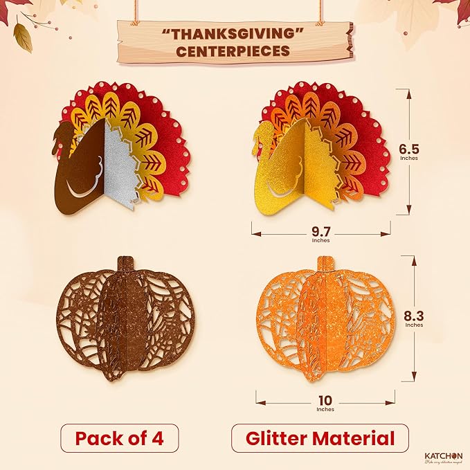 KatchOn, Thanksgiving Centerpieces for Tables – Pack of 4 | Pumpkin & Turkey Centerpieces for Tables | Thanksgiving Decorations for Table | Friendsgiving Party Decorations, Harvest Decorations