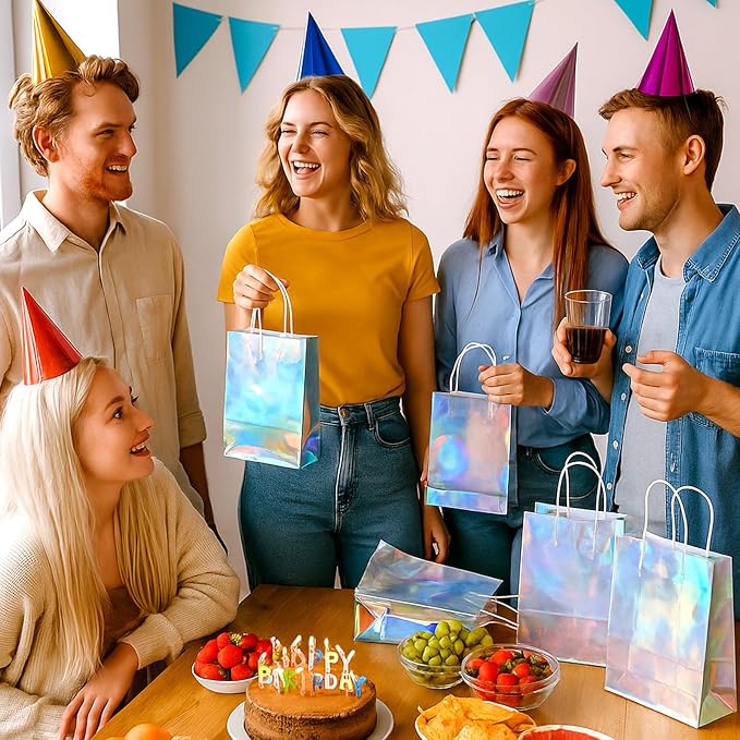 LIQWEI 36PCS Iridescent Gift Bags with Handles, Holographic Party Favor Bag Reusable Glitter Foil Paper Candy Goodie Bag Gift Handbag for Disco Wedding Graduation Birthday Party (8.6x6.3x3.2 Inch)