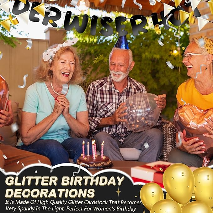 Fulmoon Set of 3 Pre Strung Older Wiser Hotter Glitter Banner Funny Birthday Banner for Women 30th 40th 50th 60th 70th 80th Birthday Party Decorations Sign Gift(Bright Black)