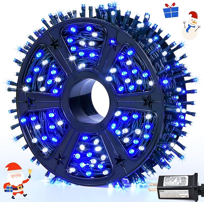 JMEXSUSS 500 LED Blue and White String Lights Outdoor, 173ft 8 Modes LED Christmas Lights Indoor, Waterproof Christmas Twinkle Lights for Tree Holiday Decorations