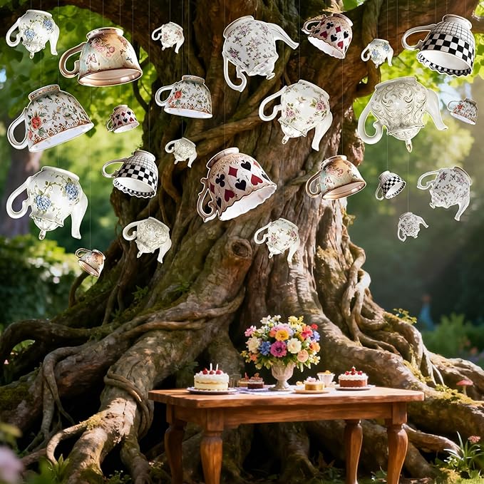 24pcs Tea Party Hanging Decorations, Teapot and Teacup Paper Garland Banner, 3 Sizes Wonderland Style Decor for Onederland Birthday and Baby Shower