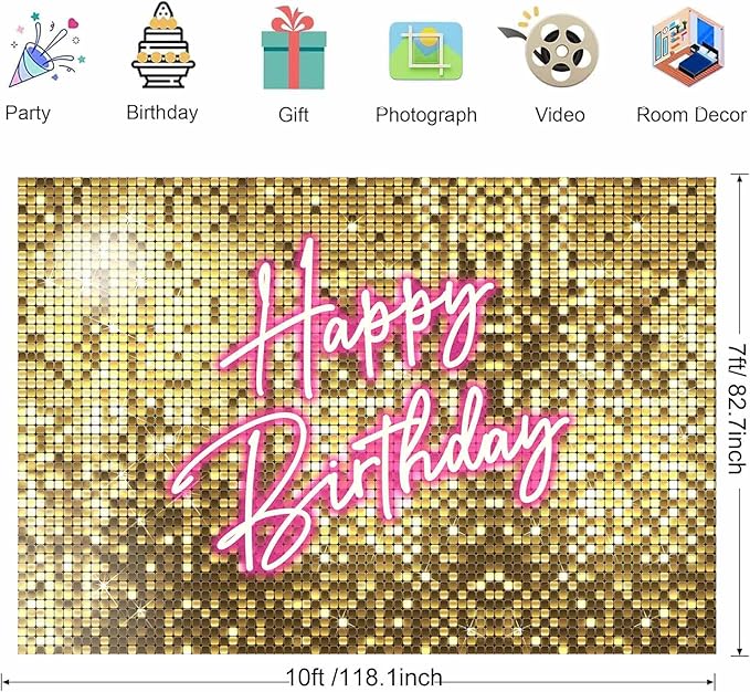 Sensfun Gold Flash Pink Neon Happy Birthday Backdrop for Photography Shining Sequins Shimmer Wall Bday Background Princess Girls Women Birthday Party Decorations Banner Photo Studio Props 10x7ft