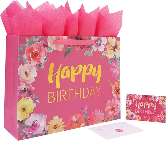 Qirrmiy 16.5'' Extra Large Happy Birthday Gift Bag Set with Handles, Greeting Card, Tissue Papers and Stickers for Women Girls, Gold Foil Happy Birthday & Floral Design, 1 Pcs