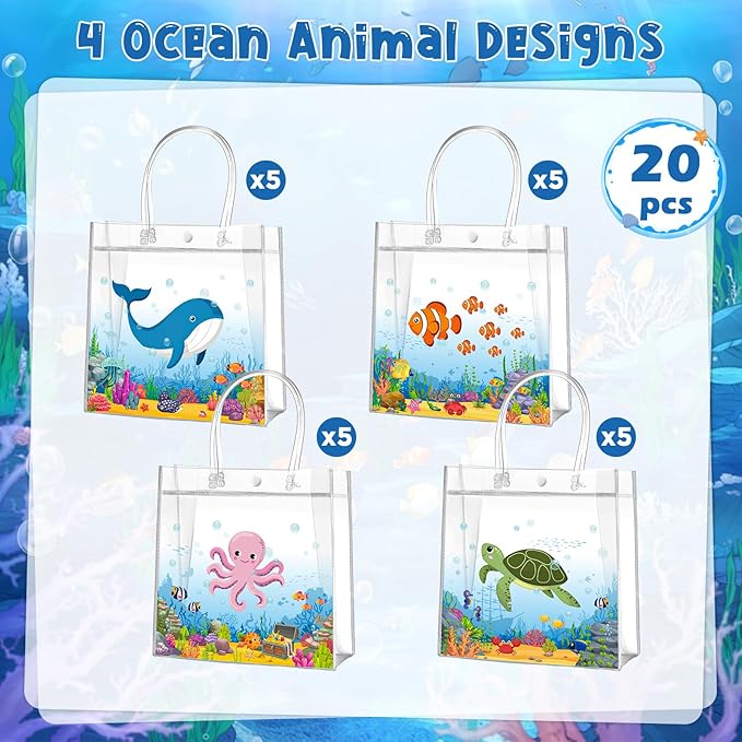 Aliceset 20 Pcs Under the Sea Party Clear Favor Bags with Handles Sea Party Candy Treat Bags Marine Ocean Animals Theme Goodies for Birthday Baby Shower Supplies Candy Snack Wrapping