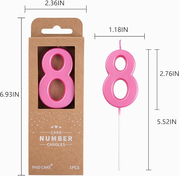 PHD CAKE 2.76 Inch Modern Pink 8 Birthday Candles, Cake Number Candles, Party Celebration