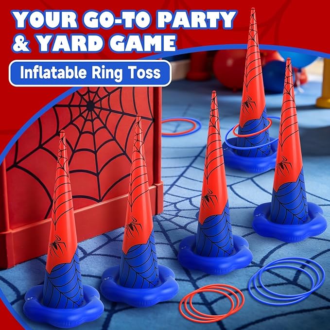5 Pack Inflatable Spider Web Ring Toss Game - Red and Blue Spider Themed Birthday Party Games with 10 Plastic Rings & Pump, Indoor Outdoor Carnival Toss Toy for Kids Party Favors
