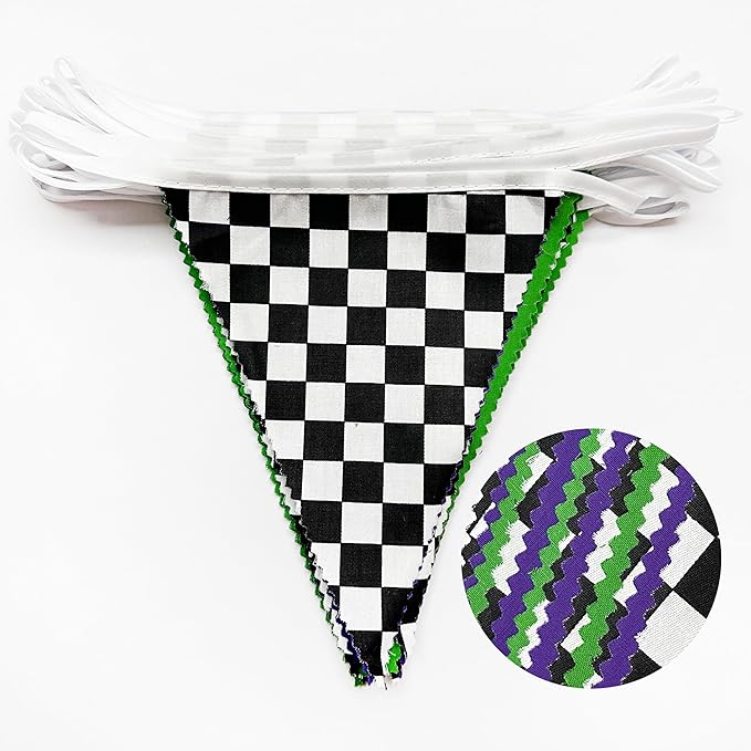 32Ft Monster Truck Party Decorations Purple Green and Black White Checkered Race Car Triangle Flag Pennant Banner Fabric Garland Streamer for Kids Racing Birthday NASCAR Party Baby Shower Decor