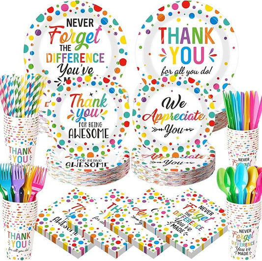 450 Pcs Teacher Appreciation Thank You Tableware Set Decorations We Appreciate You Polka Dot Paper Plates Napkins Cups Cutlery Straws for Employee Teacher Doctor Party Supplies, Serves 50