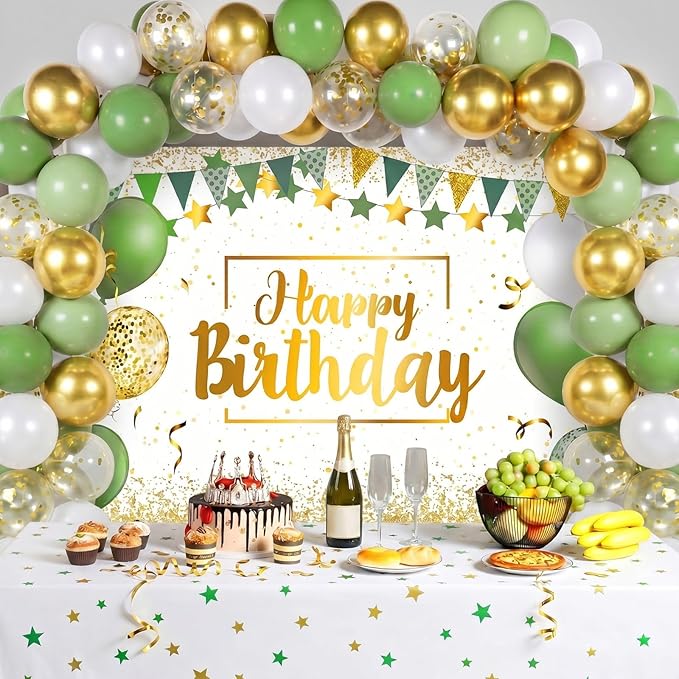 Tatuo Sage Green Birthday Confetti Balloons Kit Set Photography Backdrop Banner Package for Boys Girls Men Women Birthday Party Decorations Supplies Rustic Boho Favors (Green and Gold)