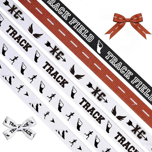Track and Cross Country Ribbon Set 6 Rolls of Polyester Athletic Ribbon with Track, XC, and Runner Designs, 30 Yards x 3/8inch Track Meet Ribbons for Gifting Wrapping, DIY Crafting, Team Decor