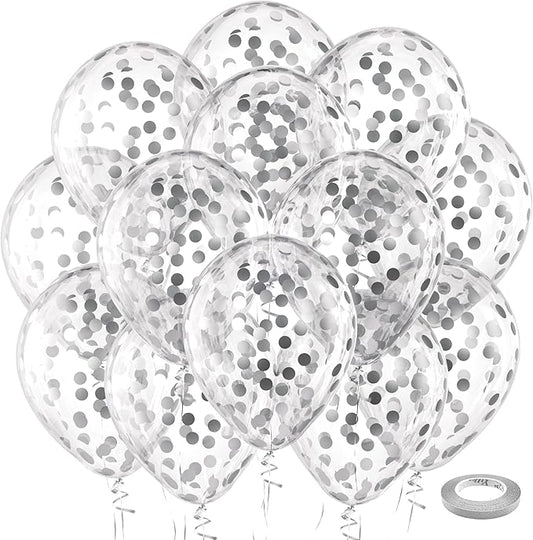 Bezente Silver Confetti Latex Party Balloons - 60 Pack 12 inch Helium Silver Confetti Glitter Balloons for Wedding Graduation Bridal Shower Birthday Engagement Party Decorations