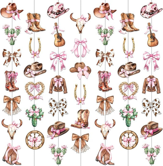 Cowgirl Coquette Garlands 8PCS Western Disco Cowgirls Hanging Decorations Cowgirl Hat and Boots Paper Garland Banner Cactus Pink Bow Decor for Girls Bachelorette Bridal Shower Supplies