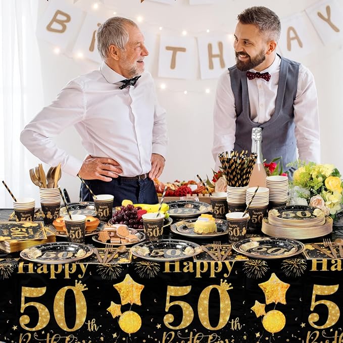 Ceenna 452 Pcs 50th Birthday Party Decoration Men for 50 Guests, Happy Black Gold 50th Birthday Paper Plates Napkins Cups Tablecloth Cutlery Straw Cheers to 50 Tableware Party Supplies for Women Men