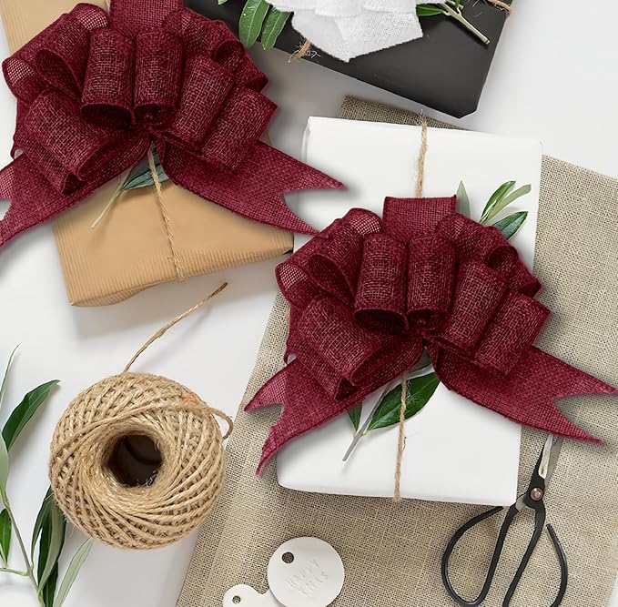 Burgundy Burlap Ribbon 2 inch X 10 Yard Natural Burlap Woven Wired Ribbons DIY Handmade Edging Production Wreath Holiday Decoration Gift Ribbon for Gift Wrapping Burgundy Ribbons