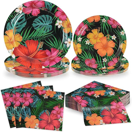 114Pcs Tropical Night Party Tableware Set, Tropical Hawaiian Luau Plates with Napkins Serves 38 Guests Disposable Dinnerware Cutlery Set for Aloha Summer Beach BBQ Pool Birthday Party Supplies, Black