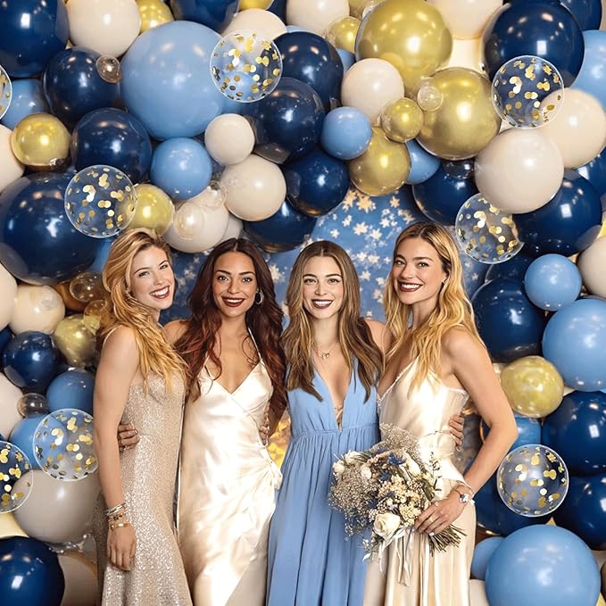 Navy Blue Gold Balloon Arch Kit,Dark Light Pastel Blue Sand White Beige Chrome Gold with Confetti Balloons Garland for Birthday Graduation Wedding Bridal Shower Party Decorations