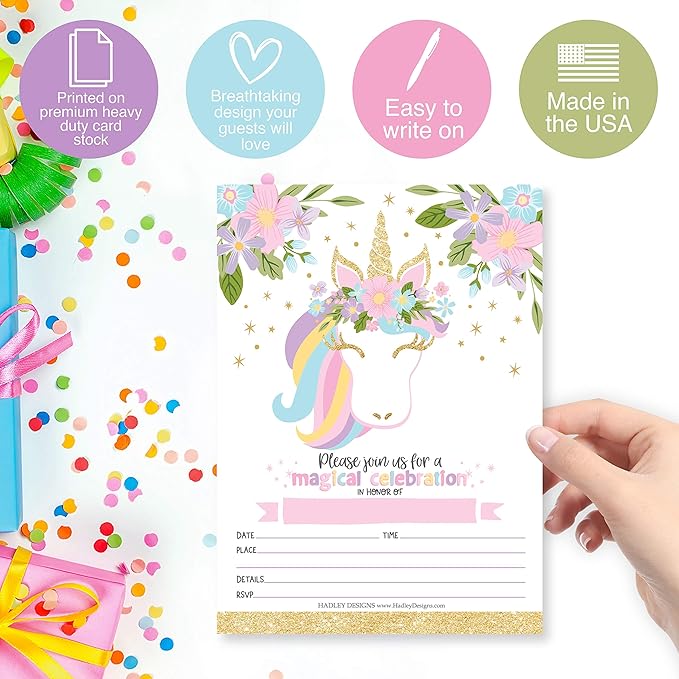 Hadley Designs Kids Birthday Invitations Girl Unicorn Theme - 25 Unicorn Birthday Party Invitations For Girls, Pastel Invites For Girls, Cute Party Supplies, Made in USA