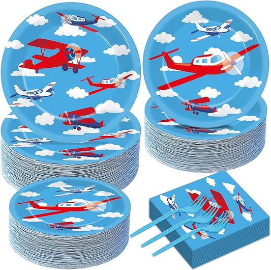 Qyeahkj 50 Guests Airplane Plates and Napkins Party Supplies Plane Party Decorations Disposable Tableware Set Blue Sky Helicopter Paper Cake Dessert Dinnerware Favor for Kids Boys Baby Shower, 200PCS