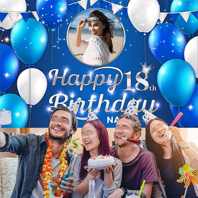 Custom Happy 18th Birthday Decoration Banner - Personalized Navy Blue Birthday Party Banner in Large Sizes-Custom Photos and Names