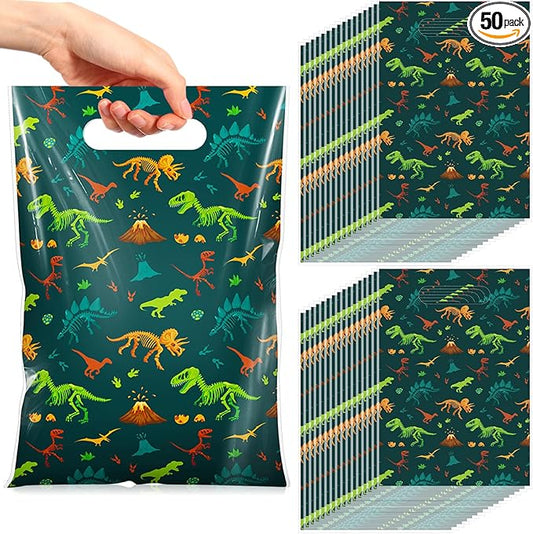 Resurhang 50 Pcs Dinosaur Party Favor Bags Bulk 6.5 x 9.8 Inch Plastic Dino Goodie Treat Gift Bags Funny Candy Cookie Totes for Dinosaur Birthday Party Decorations Supplies Wrap