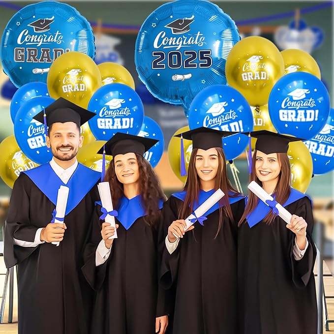 2025 Graduation Balloons Set - Blue & Gold 18" Foil & 12" Latex with Ribbons for Decorations | Grad Party Supplies | Class of 2025 | Biodegradable & Reusable | Graduation Decorations 2025
