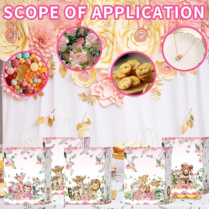 16 Pcs Jungle Animals Goodie Bags Jungle Themed Party Favor Bags with Handles Zoo Animals Print Gift Bag for Birthday Wedding Festival(Pink, 16)