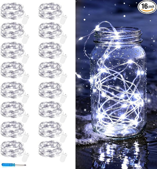 VOOKRY 16 Pack 10 ft 30 LEDs Fairy Lights Battery Operated, Waterproof Silver Wire Mini String Lights, Firefly Starry Moon Lights for Jars DIY Wedding Party Bedroom Patio Christmas Decor(Cool White)