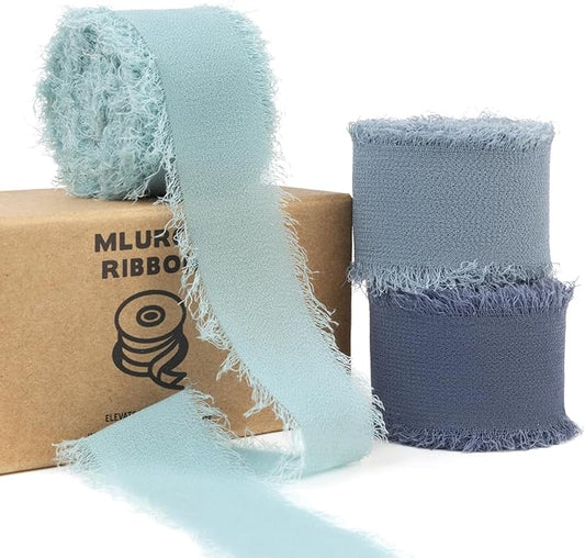 Dusty Blue Chiffon Ribbon 1 Inch x 21Yds Handmade Fringe Chiffon Silk Ribbon Dusty Blue/Slate Blue/Dark Blue Frayed Chiffon Ribbon for Wedding Invitation Flower Bouquets Bridal Shower Gift Wrapping