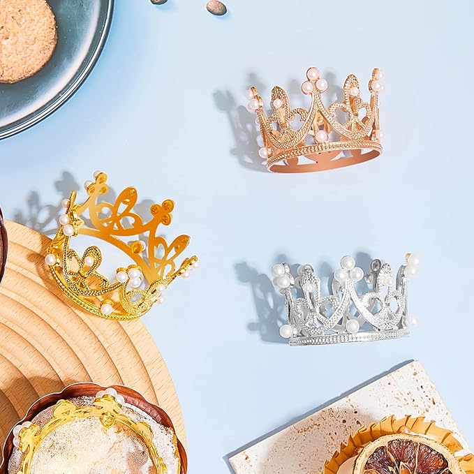 Fabbay 15 Pieces Crown Cake Topper Metal Mini Queen Princess Cake Crown for Cupcake Flower Bouquets Tiara Topper for Father's Day Women Birthday Bridal Wedding Royal Party Decorations(Pearl Style)