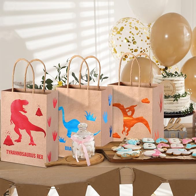 Pajean 24 Pcs Dinosaur Candy Bags with Handle, Dinosaur Party Favor Paper Bags Kids Gifts Goodie Treat Wrapping for Boys Girls Dino Theme Birthday Baby Shower Party Supplies(Lovely Style)