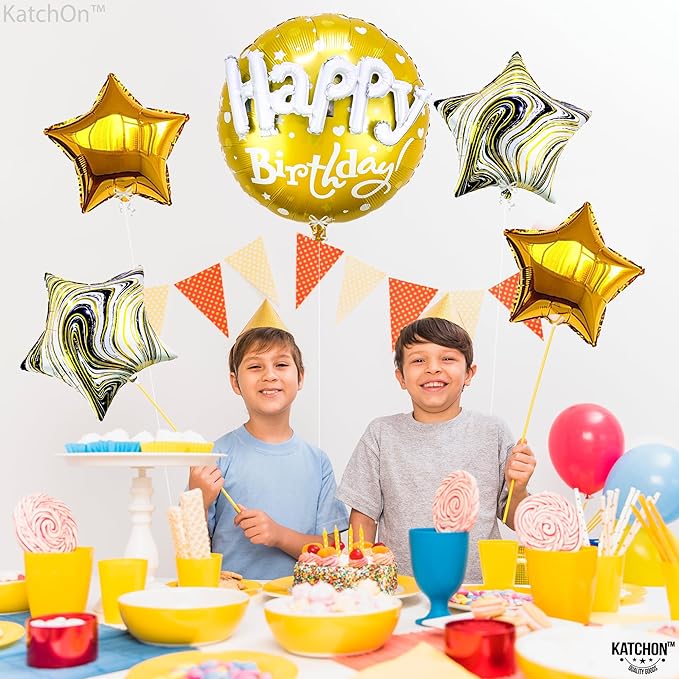 KatchOn, Gold Happy Birthday Balloon Set - 23 Inch, Big, Pack of 5 | Happy Birthday Mylar Balloons, Golden Birthday Balloons | Gold Party Decorations, Golden happy Birthday Decorations