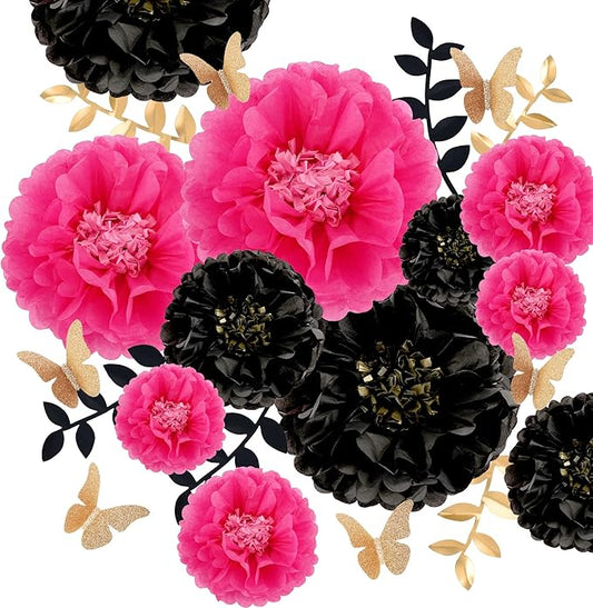 Fonder Mols Tissue Paper Chrysanth Flowers with Butterfly and Olive Leaves for Wedding Baby Shower Nursery Room Parties & Events Decorations Pom Poms (Black, Hot Pink)