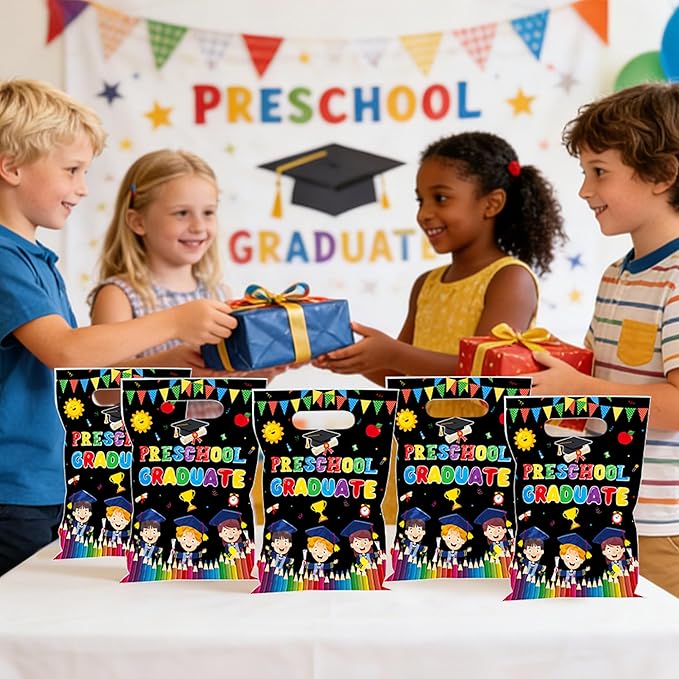 MOIZYNG 50Pcs Preschool Graduation Gift Bags with Handles, Black Preschool Graduate Plastic Snack Treat Goodie Bags for Boys Girls Class of 2026 Ceremony School Prom Party Supplies