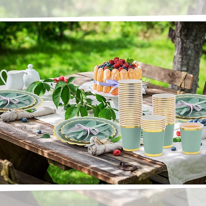 Ziliny Sage Green Plates and Napkins Party Supplies for Guests Woodland Baby Shower Tableware Include Scalloped Plates Paper Napkin Cup Spoon Fork Knife for Wedding, Birthday