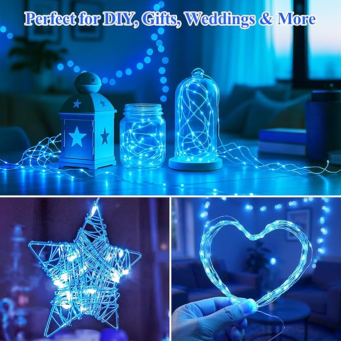 Lakumu 12-Pack Fairy Lights, 7FT 20 LED Battery Operated String Lights, Waterproof Silver Wire Firefly Lights, Blue for Mason Jars DIY Bedroom Wedding Party Centerpiece Table Decor